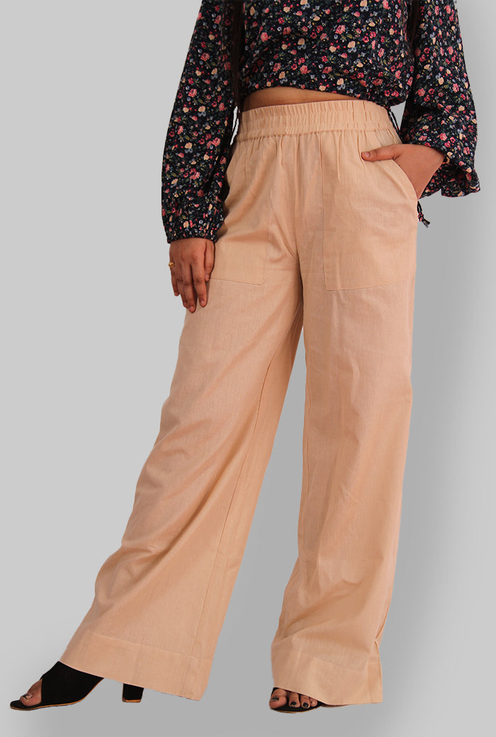 Women Loose Fit High-Rise Beige Trousers